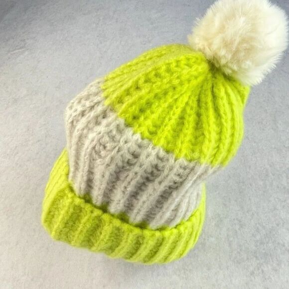 Apparis Oshin Beanie Kiwi Green Stripe Cream Pom Pom Recycled Knit Toboggan NEW! - Picture 5 of 8